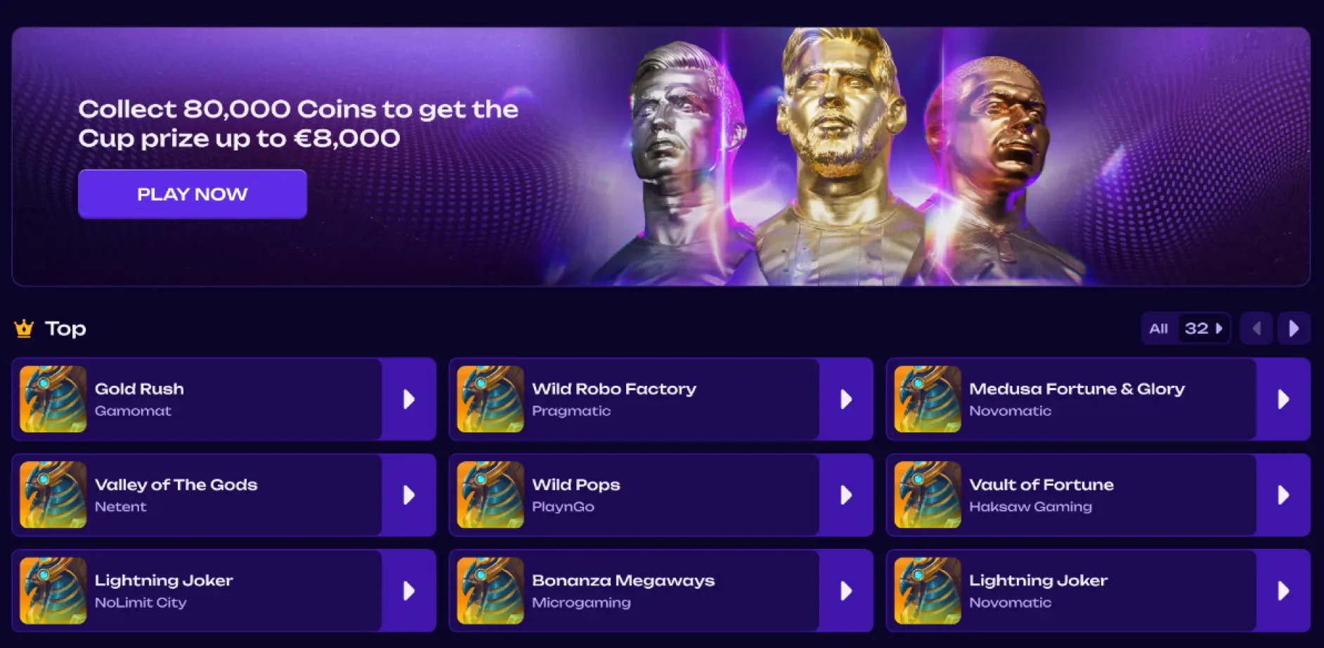 banner πρόκλησης για 80.000 coins και ενότητα top με προτεινόμενα slots οθόνη με προωθητικό banner για συλλογή 80.000 coins και έπαθλο έως €8.000 με κουμπί play now, καθώς και ενότητα top με λίστα προτεινόμενων slots και κουμπιά πλοήγησης